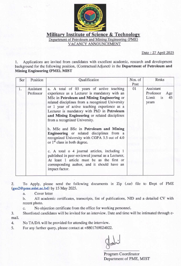 Faculty Recruitment in PME Department